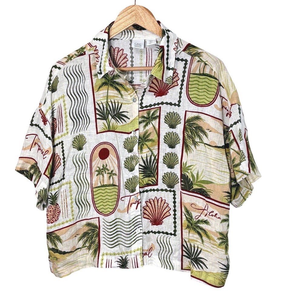 C&C California Womens Linen Tropical Button Shirt Size L Coastal Hawaiian Boxy